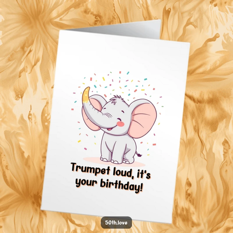 Funny Free Printable Birthday Card: Happy elephant blowing confetti from a giant horn shaped like a 50.