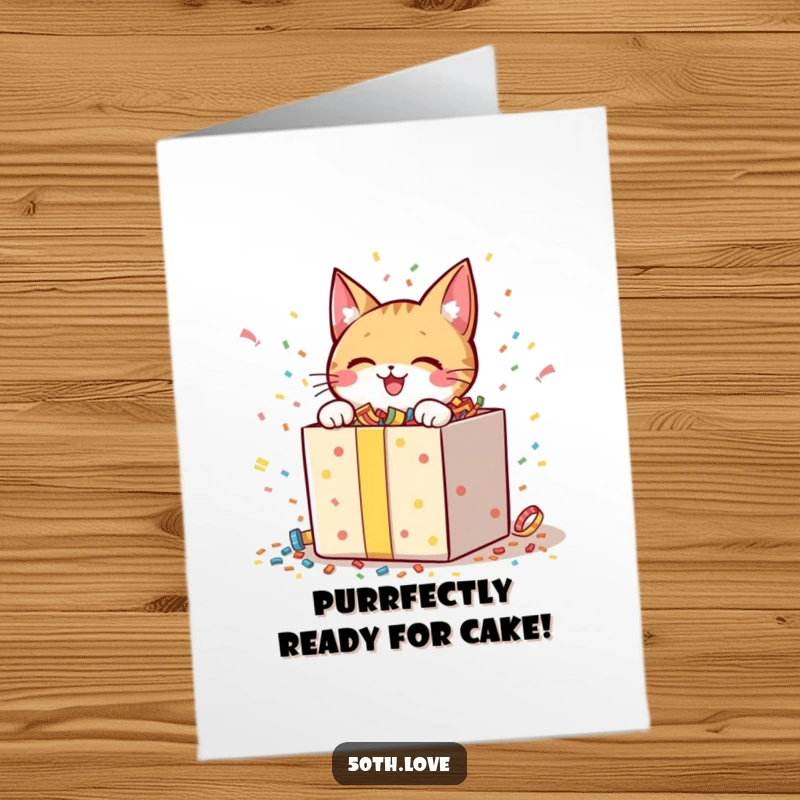 Funny Free Printable Birthday Card: Cheerful cat excitedly unwraps a giant gift box spilling confetti.