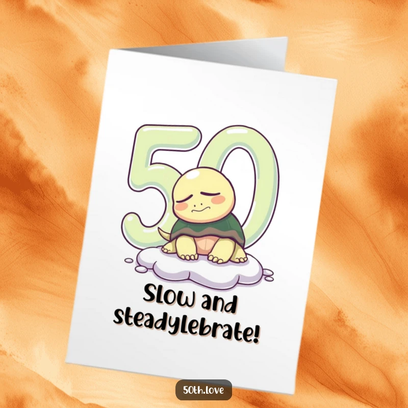 Funny Free Printable Birthday Card: Sleepy turtle peeking out of a giant shiny 50, humorously marking a milestone.