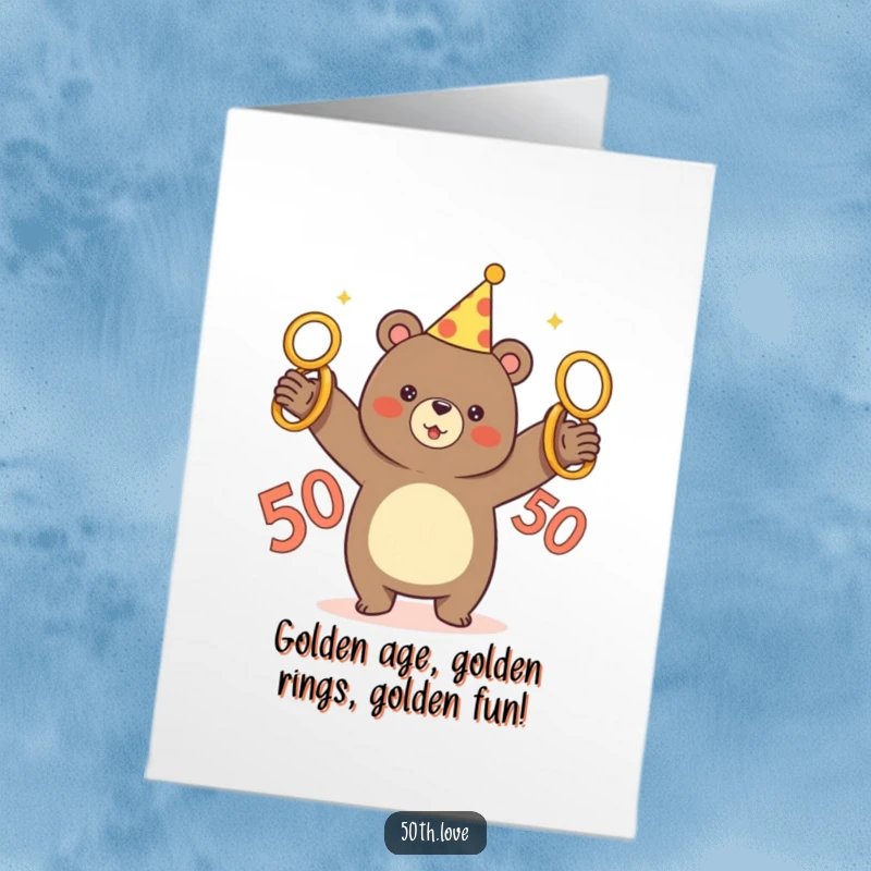 Funny Free Printable Birthday Card: Cheerful bear in party hat juggling golden rings for a 50th.