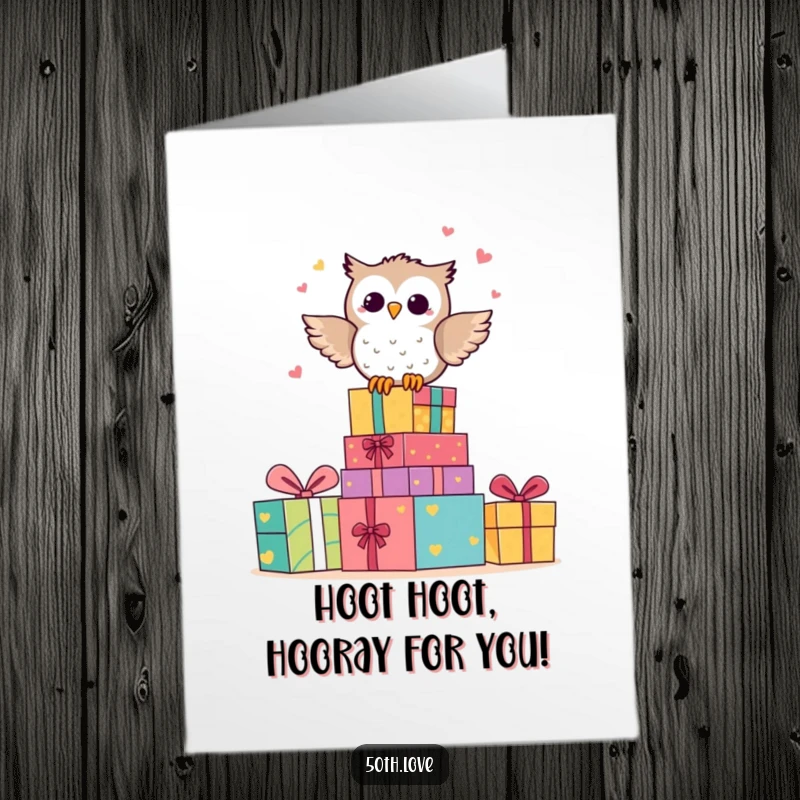 Funny Free Printable Birthday Card: Happy owl perched on presents, hooting with glee.