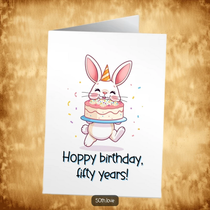 Funny Free Printable Birthday Card: Hopping bunny presents a glistening, confetti-covered cake.