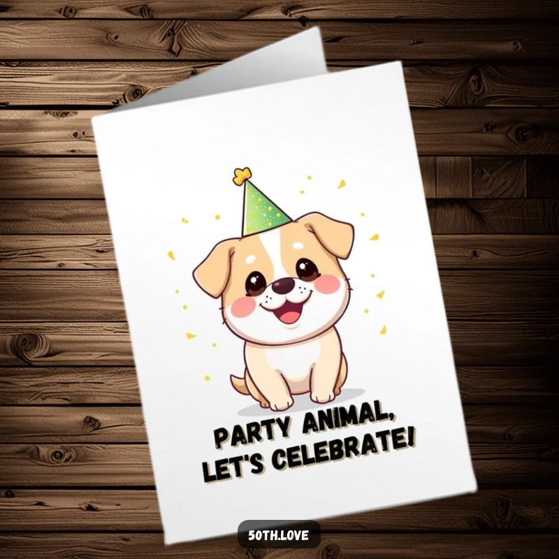 Funny Free Printable Birthday Card: Smiling dog in party hat juggles golden confetti.