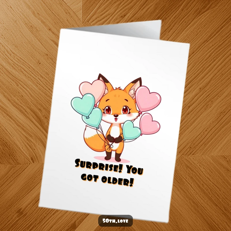Funny Free Printable Birthday Card: A fox looking surprised while holding a bouquet of heart-shaped balloons, celebrating birthdays.