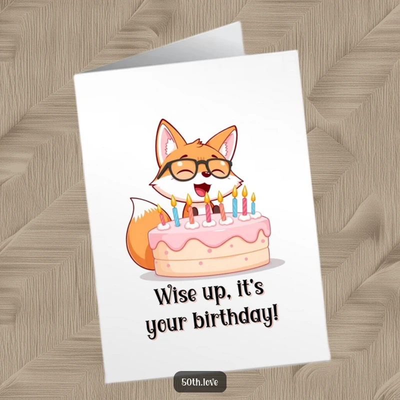 Funny Free Printable Birthday Card: Giggling fox wearing spectacles blows out candles on a massive birthday cake.