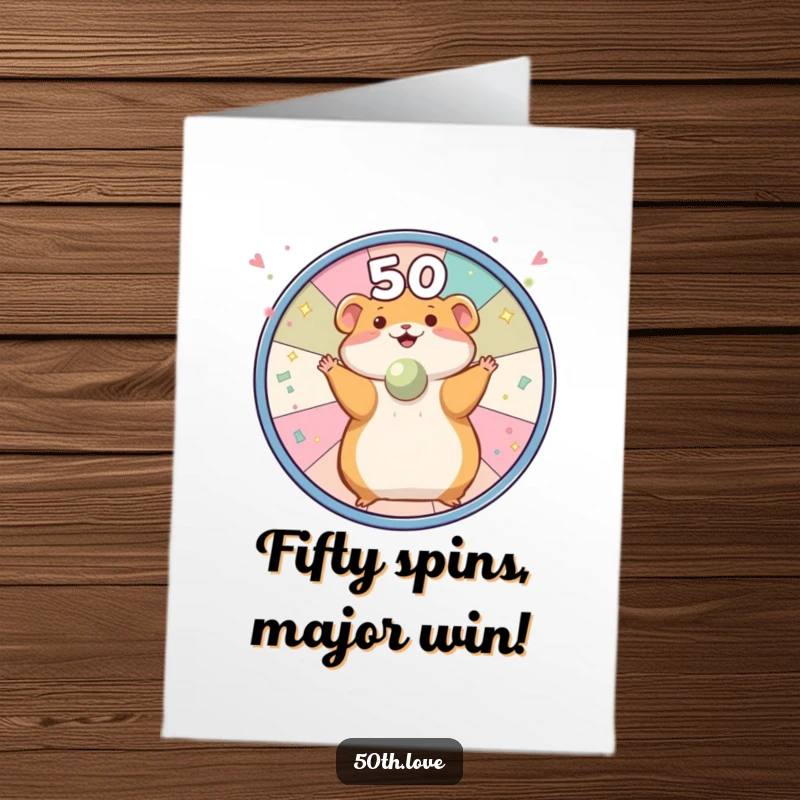 Funny Free Printable Congratulations Card: A joyful hamster spins a confetti-adorned wheel, celebrating a great achievement.