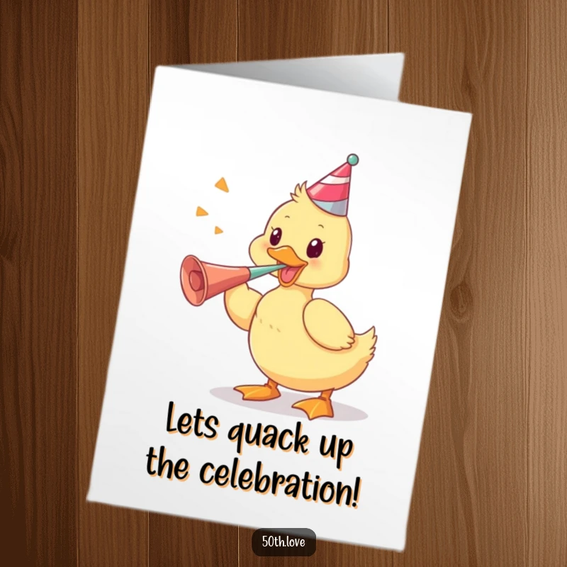 Funny Free Printable Congratulations Card with a playful duckling energetically blowing a party horn, symbolizing a loud celebration.