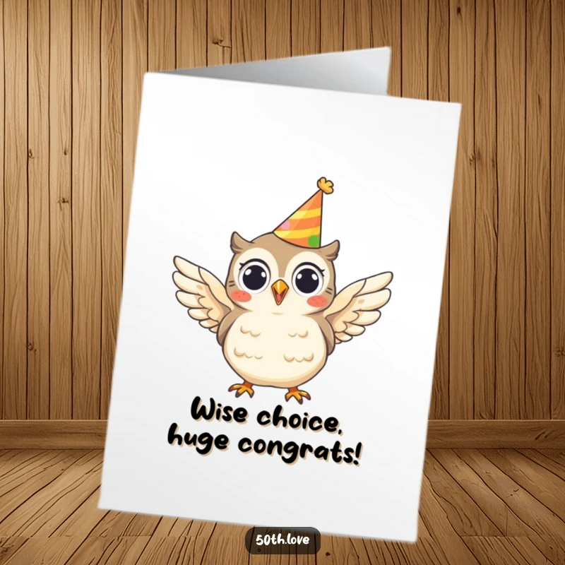 Funny Free Printable Congratulations Card showing a happy owl in a party hat flapping its wings enthusiastically to celebrate a win.