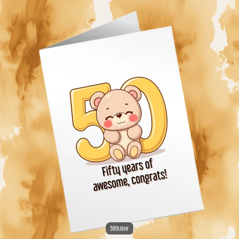 Funny Free Printable Congratulations Card: A plush bear peeks from a golden number 50, winking.