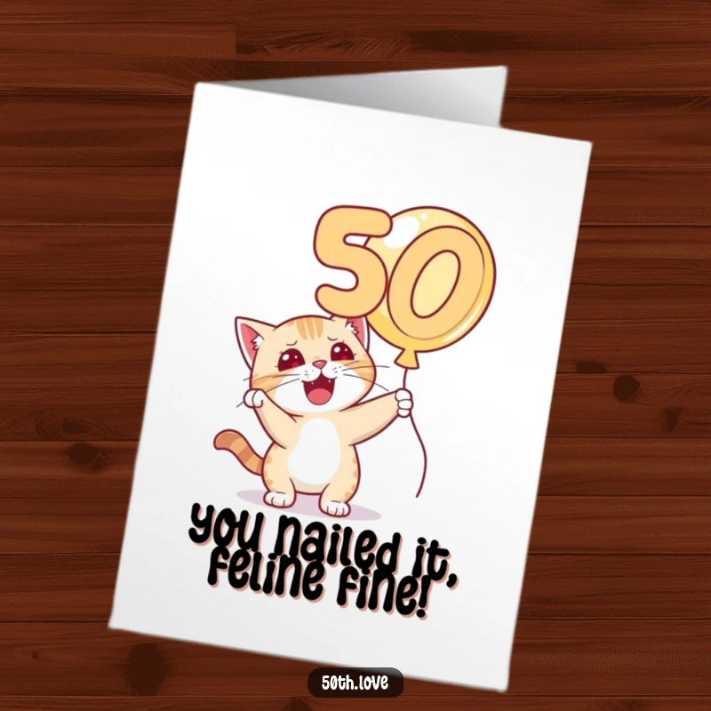Funny Free Printable Congratulations Card: A cat bats playfully at a floating balloon.