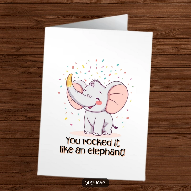 Funny Free Printable Congrats Card: Happy elephant blowing confetti from a giant horn shaped like a 50.