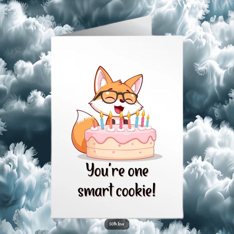 Funny Free Printable Congrats Card: Giggling fox wearing spectacles blows out candles, celebrating an achievement.