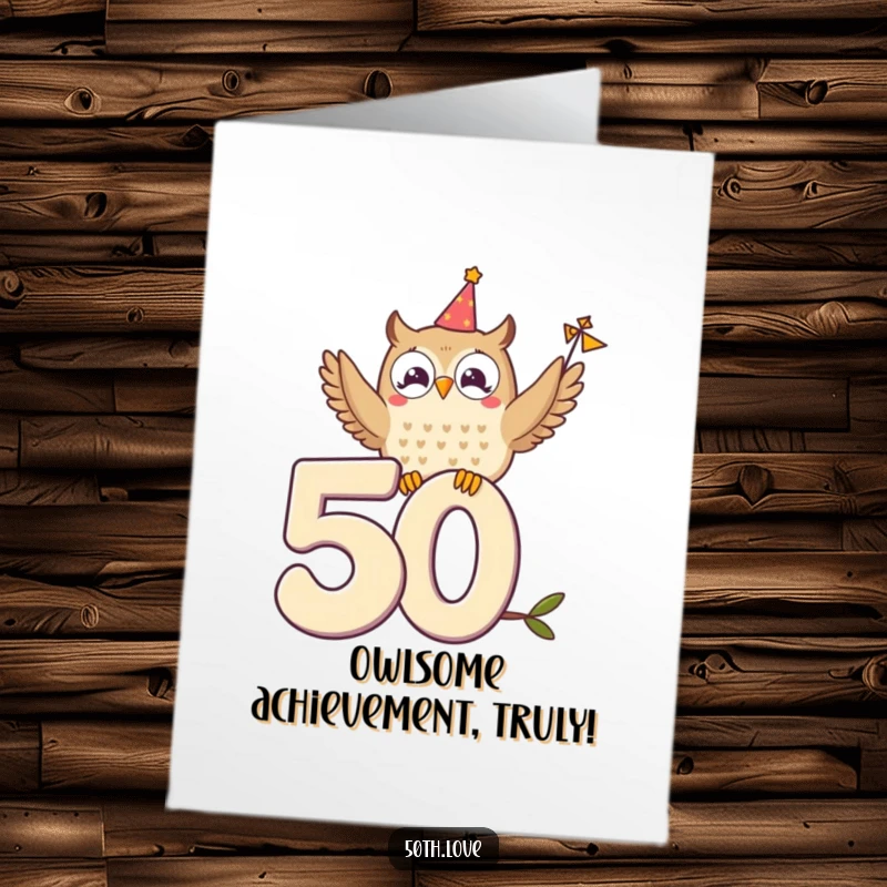 Funny Free Printable Congrats Card: Delighted owl on numeral 50 waves a tiny festive banner.