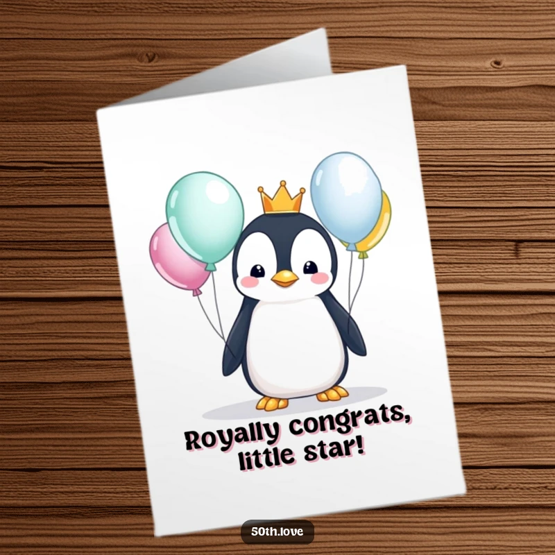 Funny Free Printable Congratulations Card: A penguin sporting a tiny crown inspects balloons, celebrating success.