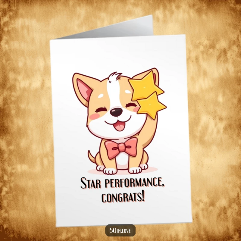 Funny Free Printable Congratulations Card: A dog wearing a bow tie winks, proudly presenting a golden star.