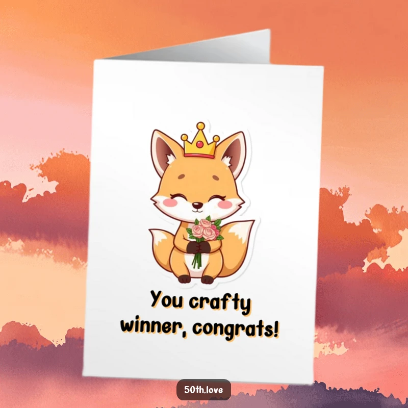 Funny Free Printable Congratulations Card: A giggling fox wearing a silly crown winks holding a bouquet.