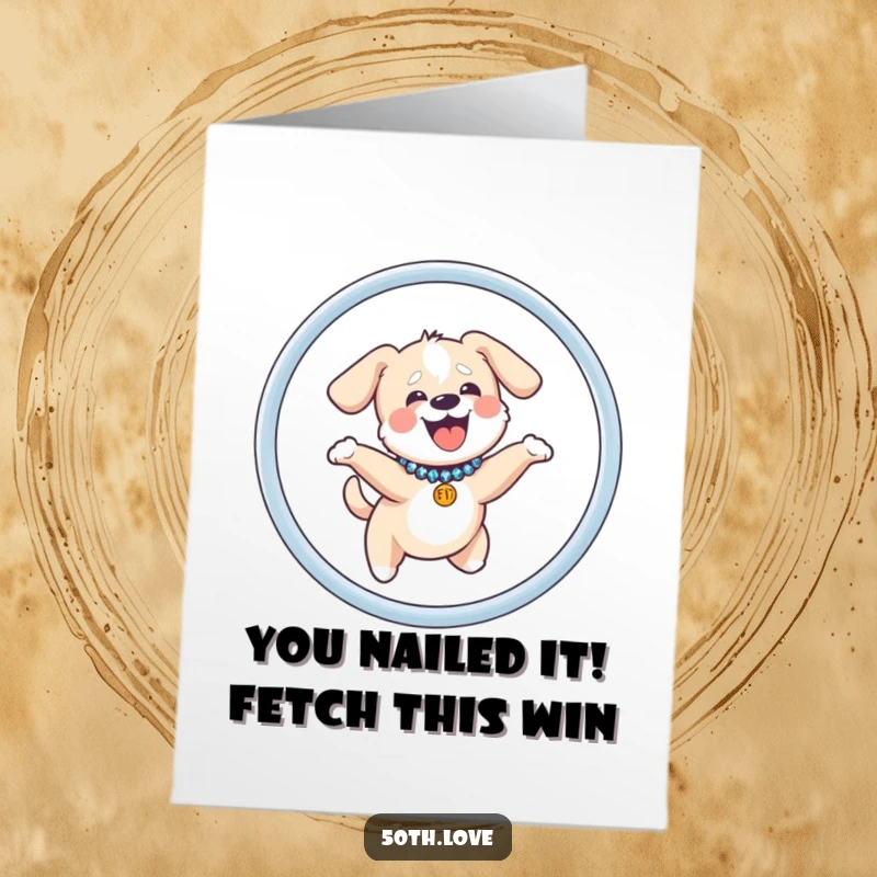Funny Free Printable Congratulations Card: Giggling dog wearing a sequined collar leaps through a hoop.