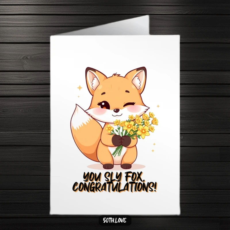 Funny Free Printable Congratulations Card: A cheerful fox with a wink holds a bouquet of golden, sparkling flowers.