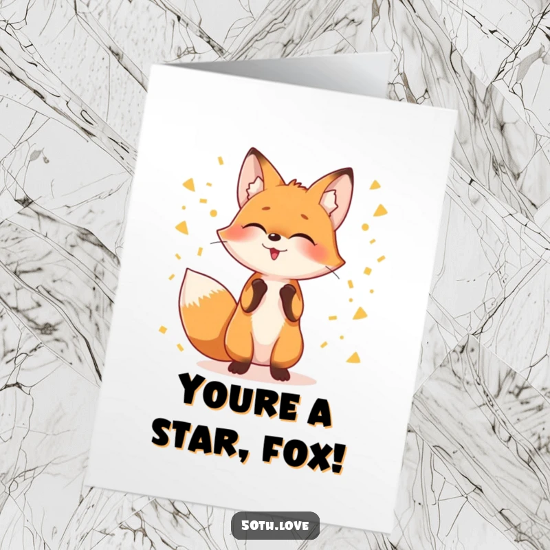 Funny Free Printable Congratulations Card featuring a giggling fox juggling golden confetti, symbolizing a shower of good fortune.