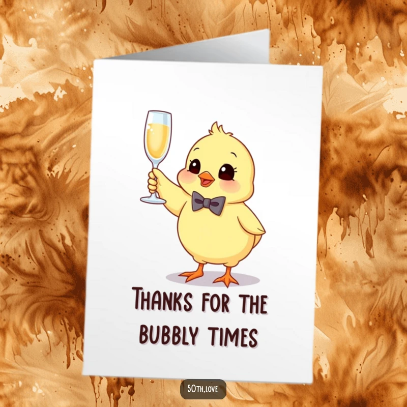 Funny Free Printable Thank You Card: A bouncing chick in a bow tie holds a sparkling champagne flute.