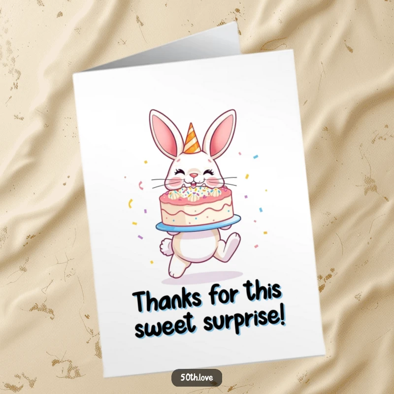 Funny Free Printable Thank You Card: A bunny presents a glistening cake covered in confetti.