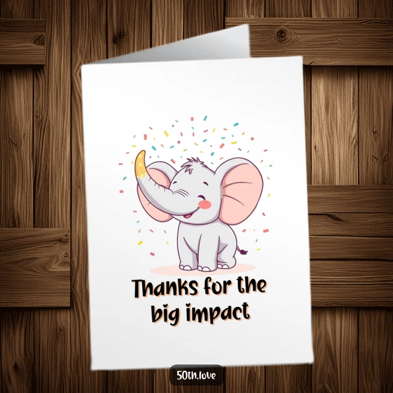 Funny Free Printable Thank You Card: Happy elephant blowing confetti from a giant horn, expressing thanks.