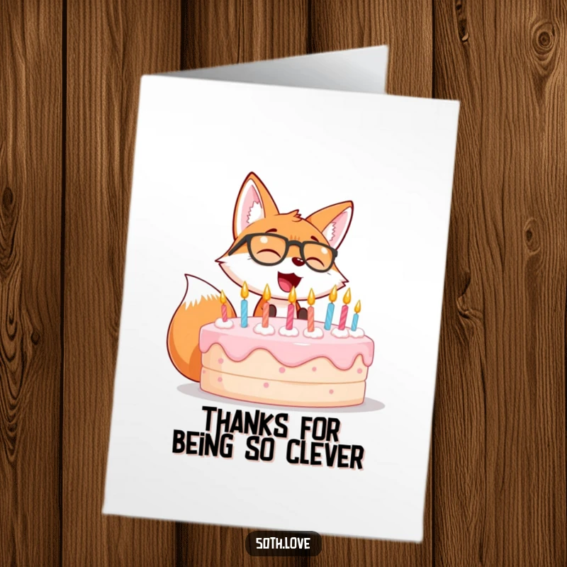 Funny Free Printable Thank You Card: Giggling fox wearing spectacles blows out candles, expressing thanks.