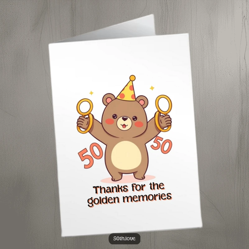 Funny Free Printable Thank You Card: Cheerful bear in party hat juggling golden rings, expressing thanks.