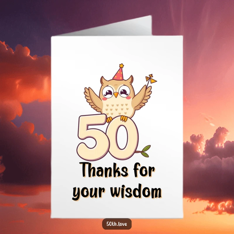 Funny Free Printable Thank You Card: Delighted owl on numeral 50 waves a tiny festive banner, thanking you.