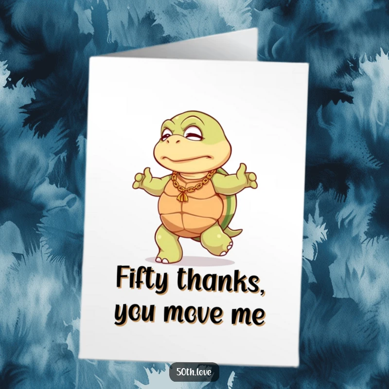 Funny Free Printable Thank You Card: An elderly turtle in a gold chain performs a dignified dance, expressing heartfelt thanks.