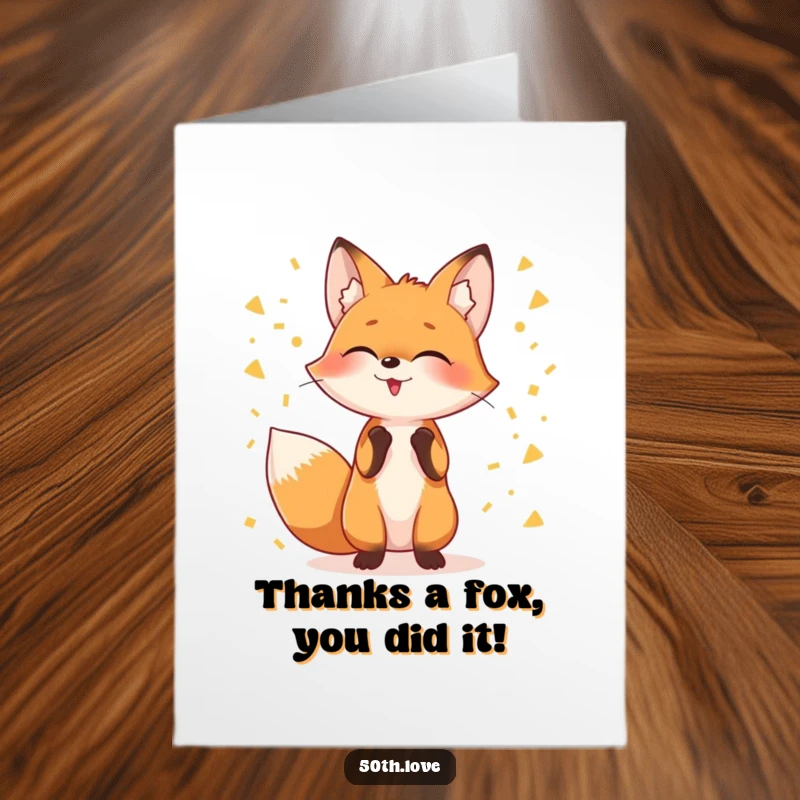 Funny Free Printable Thank You Card with a giggling fox juggling golden confetti, a vibrant way to show gratitude.