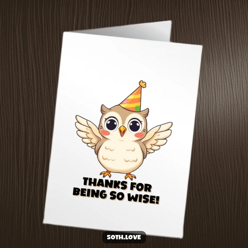 Funny Free Printable Thank You Card featuring a cheerful owl with a party hat, flapping its wings in a thankful gesture.