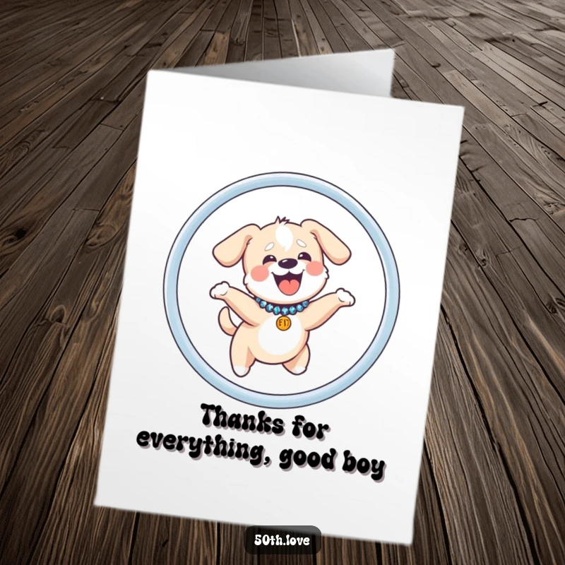 Funny Free Printable Thank You Card: Giggling dog with a sequined collar jumps through a hoop.