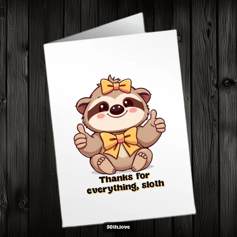 Funny Free Printable Thank You Card: A contented sloth with a festive bow gives a thumbs-up, delivering a laid-back thanks.
