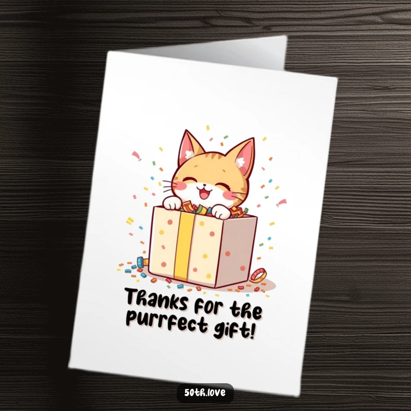 Funny Free Printable Thank You Card: A cheerful cat unwraps a large gift box overflowing with confetti.