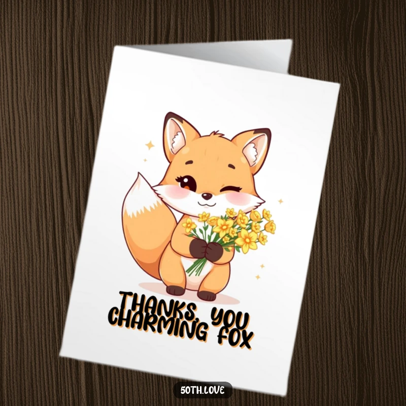 Funny Free Printable Thank You Card: A cheerful fox winks holding a bouquet of sparkling golden flowers.
