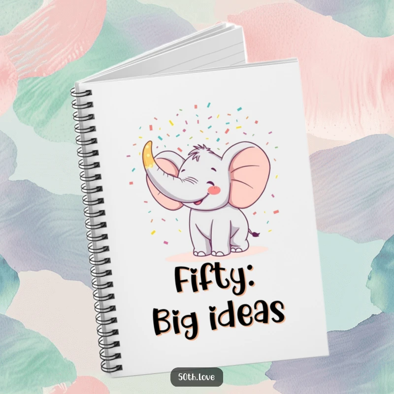 Funny notebook featuring a happy elephant trumpeting confetti from a horn shaped like the number 50.