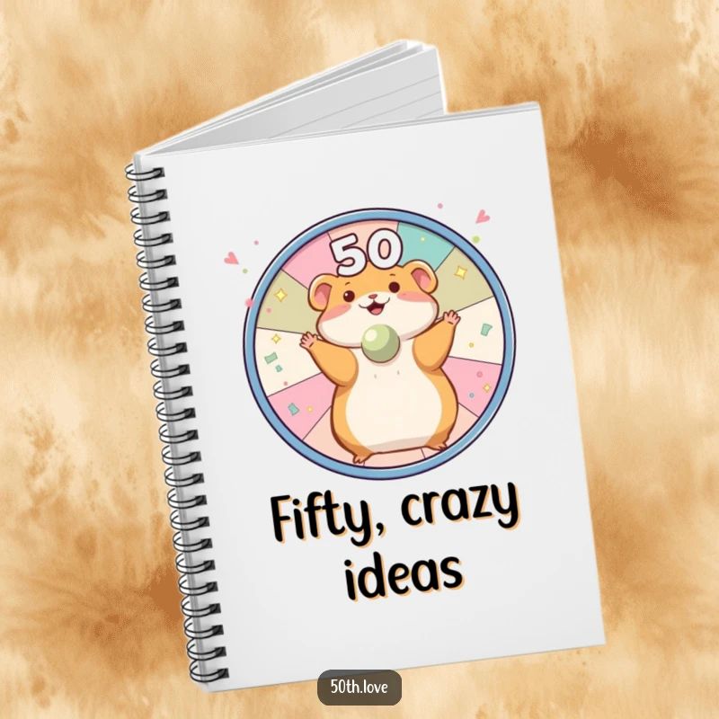 Funny hamster spinning a wheel with confetti and the number 50 on a notebook, for jotting down ideas with energetic charm.