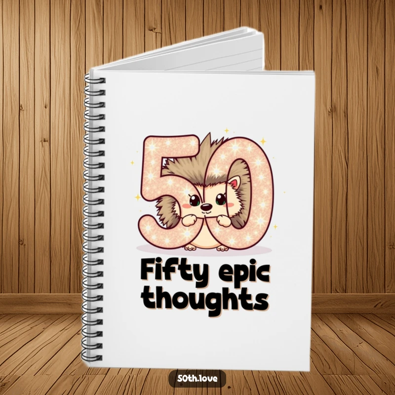 Funny notebook featuring a chubby hedgehog peeking from behind a sparkling number 50, perfect for birthday notes.