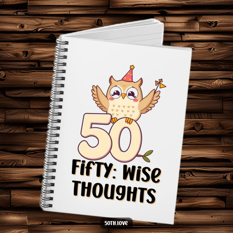 Funny notebook with a delighted owl perched on the number 50, waving a small festive banner.