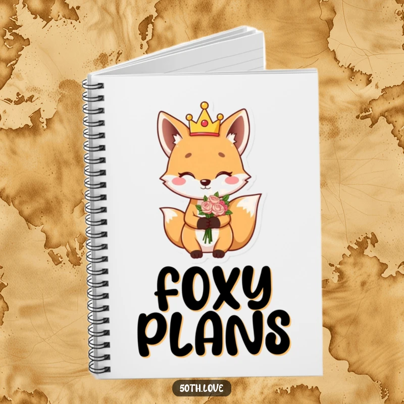 Funny notebook featuring a giggling fox in a silly crown, winking, and holding a bouquet.