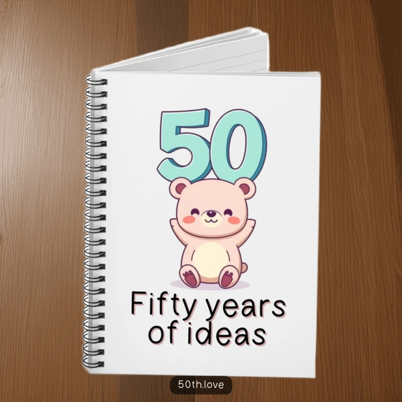Funny 50th birthday notebook with a smiling bear balancing the number 50 on its head, great for writing and sketching.