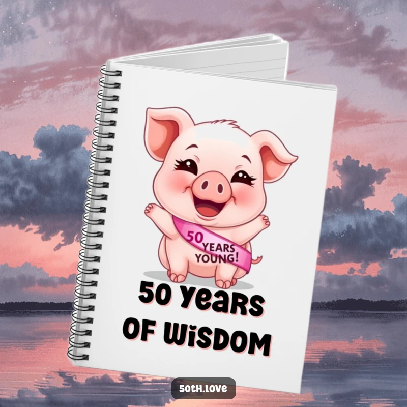 Funny 50th birthday notebook adorned with a giggling piglet and a '50 Years Young' sash, perfect for note-taking with humor.