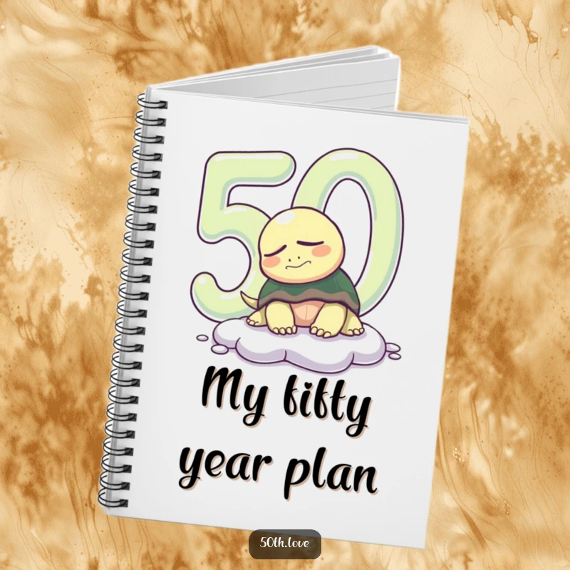 Funny 50th birthday notebook featuring a sleepy turtle emerging from a number '50', designed for thoughtful note-taking.