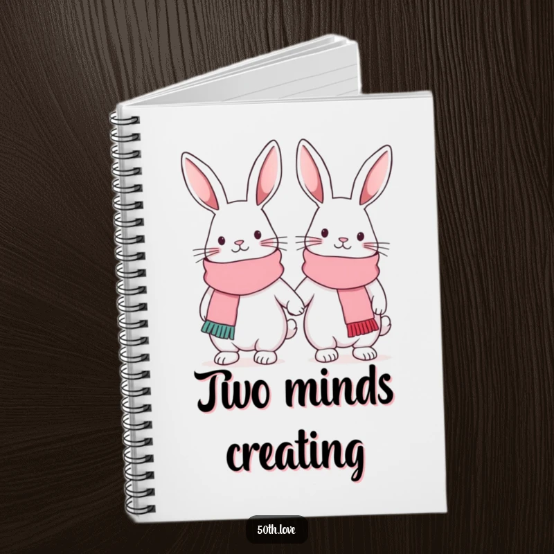 Funny friendship notebook with two cute bunnies in matching scarves, linked arm-in-arm, for jotting down funny shared memories.