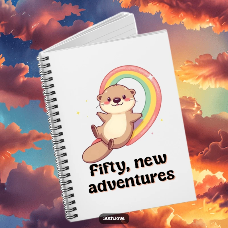 Funny otter mid-slide down a rainbow towards number 50, adorning a notebook cover, for jotting down thoughts and ideas with humor.
