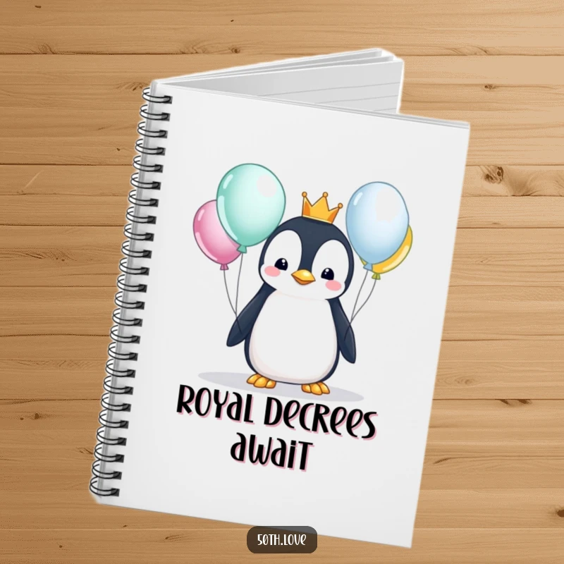 Funny penguin wearing a crown inspects balloons on a notebook, perfect for jotting down royal plans and birthday ideas.