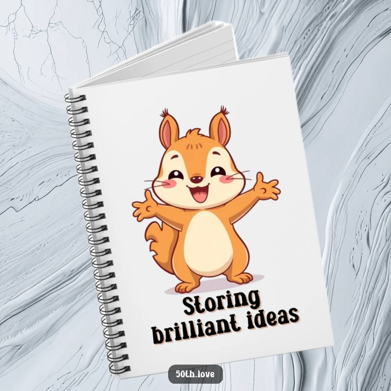 Funny notebook cover with a happy squirrel striking a celebratory pose, inspiring creativity and joy.