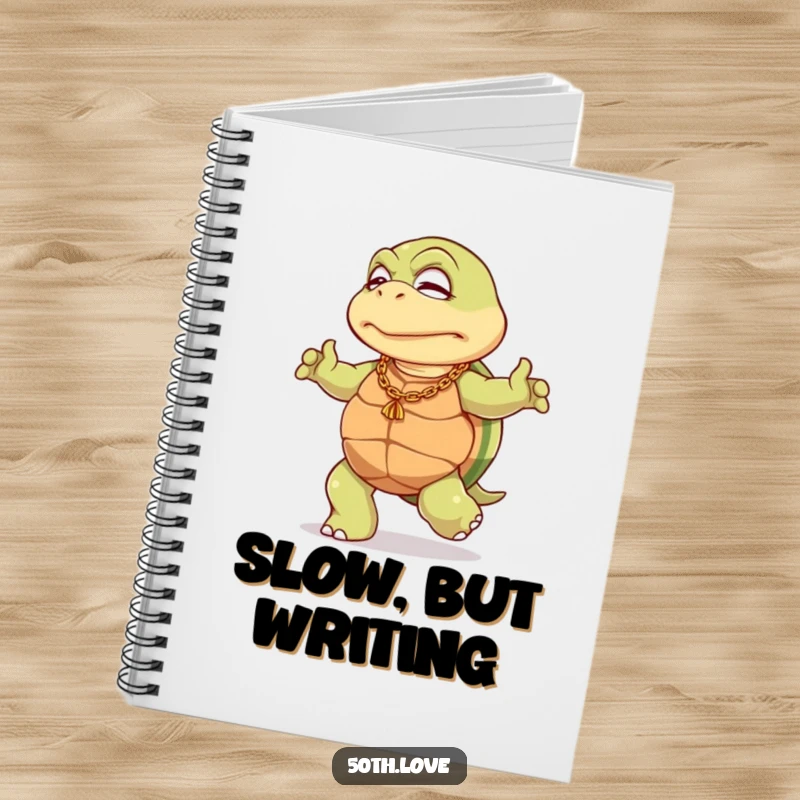 Funny 50th birthday notebook with an elderly turtle in a gold chain, doing a slow dance, for jotting down funny notes.