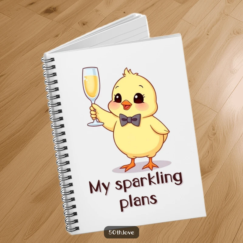 Funny chick notebook with a bow tie, bouncing and holding a champagne flute, for all your celebratory notes.